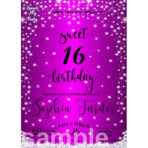 Purple Diamonds Sweet 16 Invitations,Purple Sparkle Diamonds Quinceanera Invitations,(016swee)